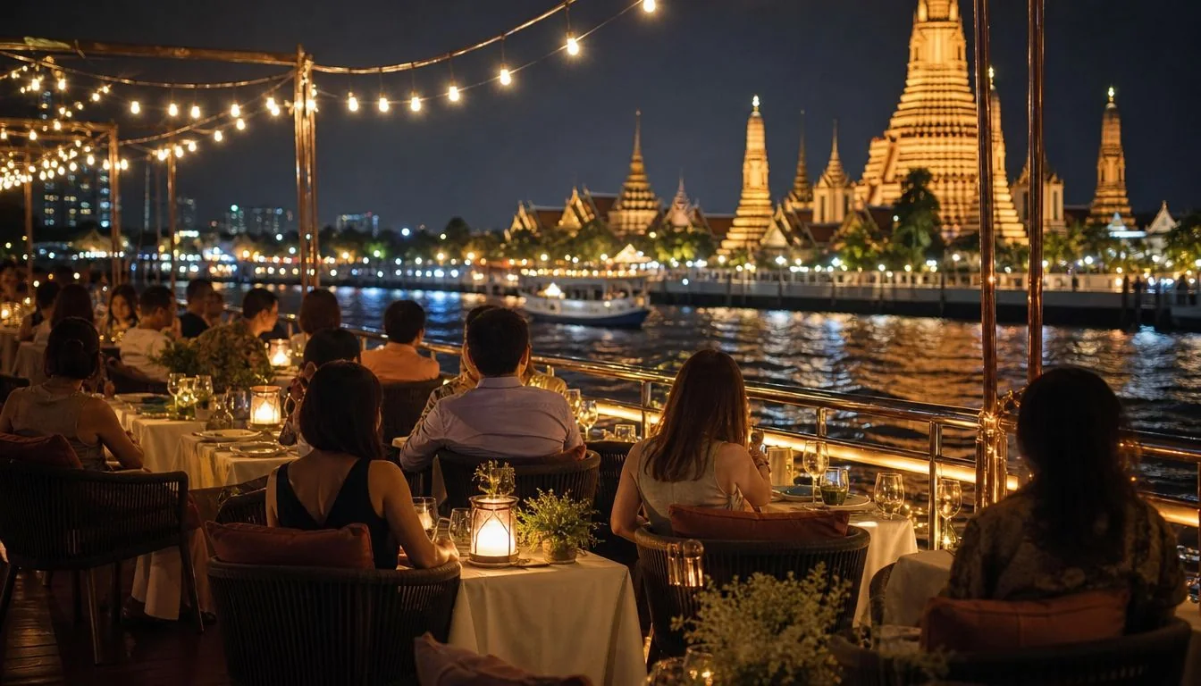 Gäste an Tischen auf dem offenen Oberdeck eines Abendessen-Boots auf dem Chao Phraya bei Nacht