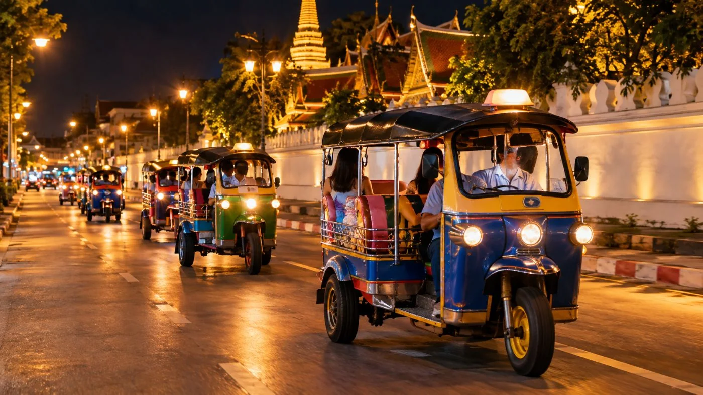 Ein Guide führt eine Reihe von tuk tuks durch eine beleuchtete Straße in Bangkoks Altstadt bei Nacht